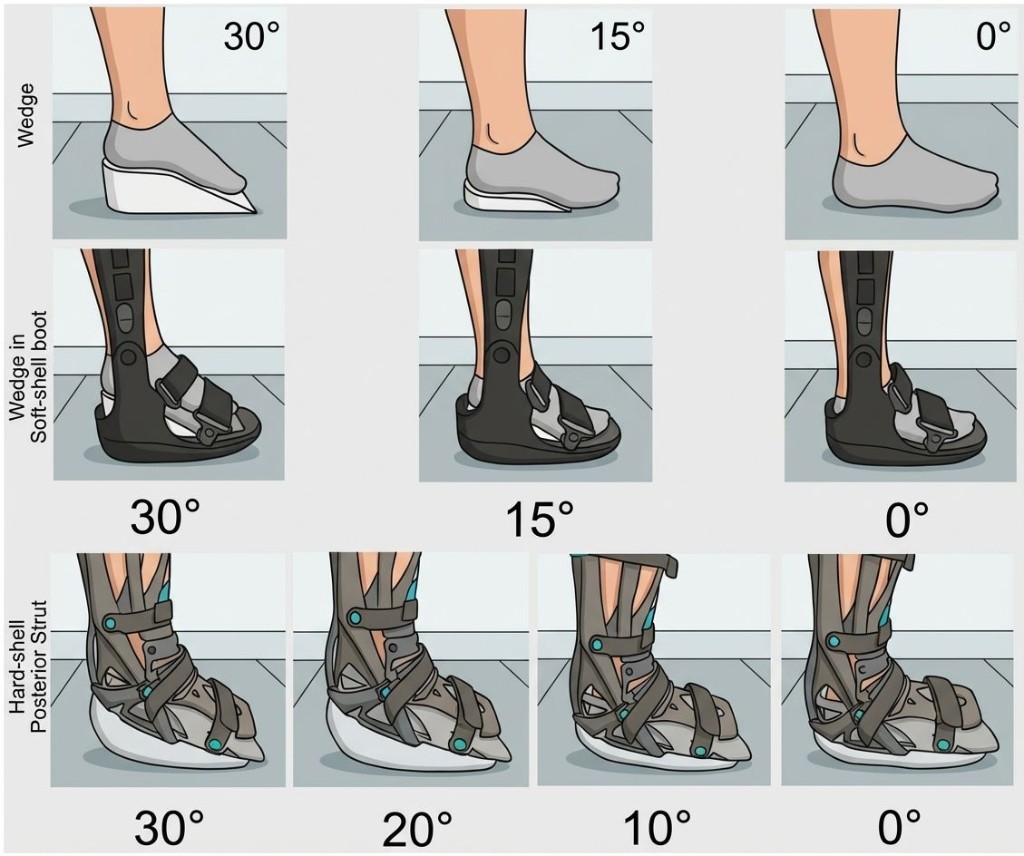 Comparison of plantarflexion setups: stacked heel wedges alone wedges inside a soft walking boot and a rigid rocker boot with posterior strut showing angles from about 30 degrees down toward neutral.