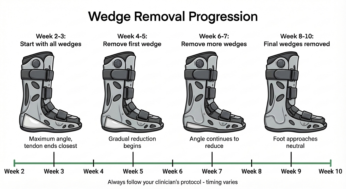 Infographic titled Wedge Removal Progression: four stages of a walking boot from maximum heel wedges to flat insole, with a week 2 to week 10 timeline and a note to follow your clinician's protocol