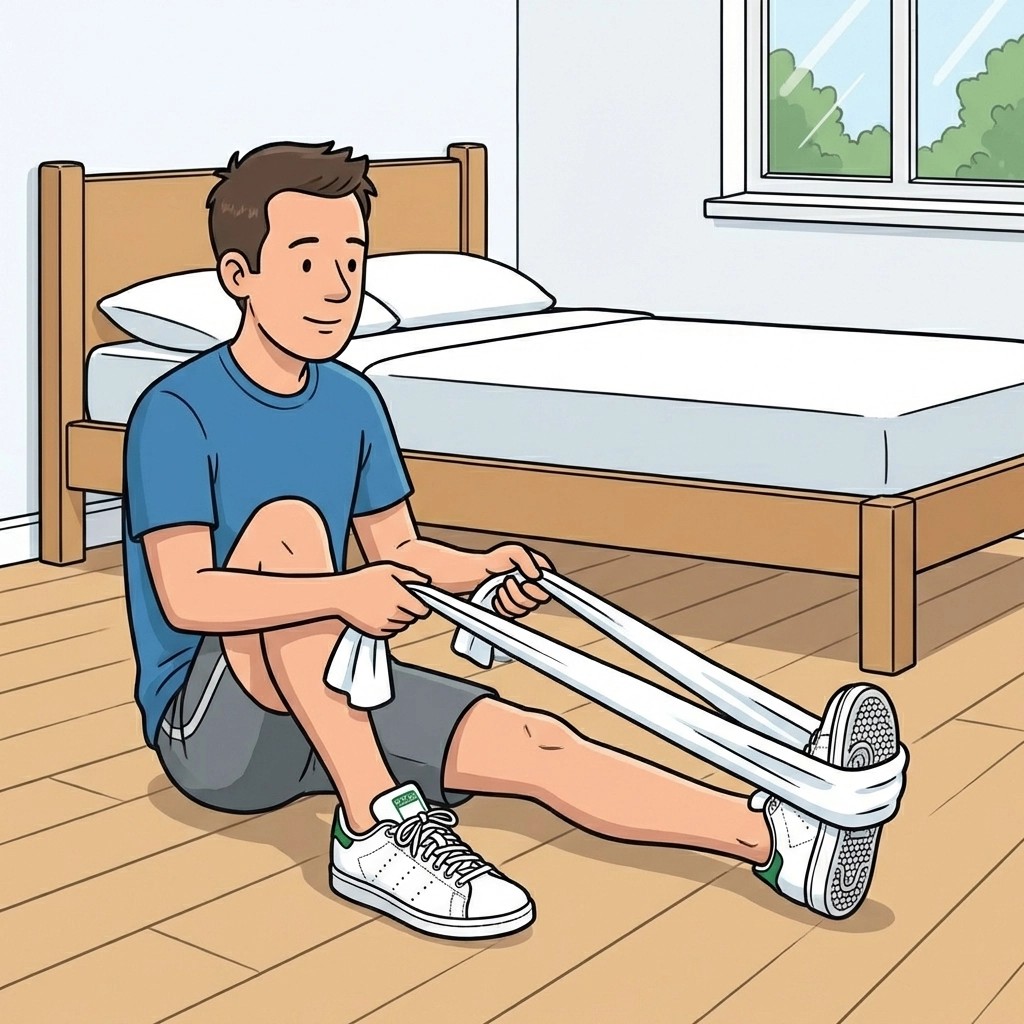Illustration showing gentle ankle mobility work (towel stretch style) versus loading work for Achilles rupture stage 2 rehabilitation.
