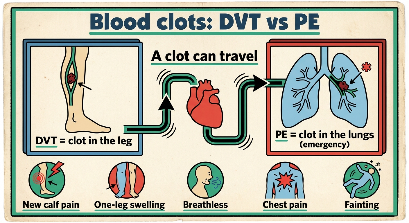 Infographic showing how a blood clot (DVT) in the leg can travel through the heart to the lungs and cause a pulmonary embolism (PE), with warning signs for each