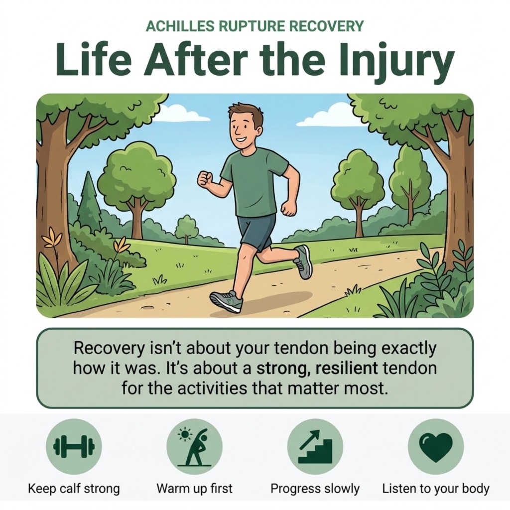 Infographic titled Life After the Injury showing a man jogging with long-term recovery habits: keep calf strong, warm up first, progress slowly, and listen to your body.