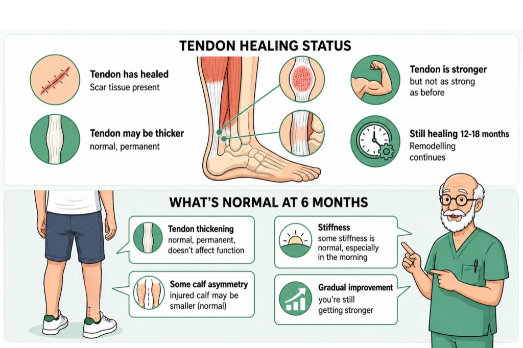 Illustration explaining Achilles tendon healing status and normal six-month recovery signs including tendon thickening, calf asymmetry, stiffness, and gradual strength improvement.