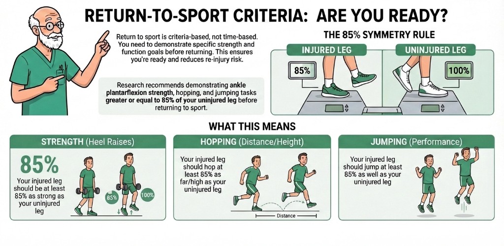Infographic on return-to-sport criteria after Achilles rupture showing the 85% symmetry rule for heel raises, hopping, and jumping compared with the uninjured leg.