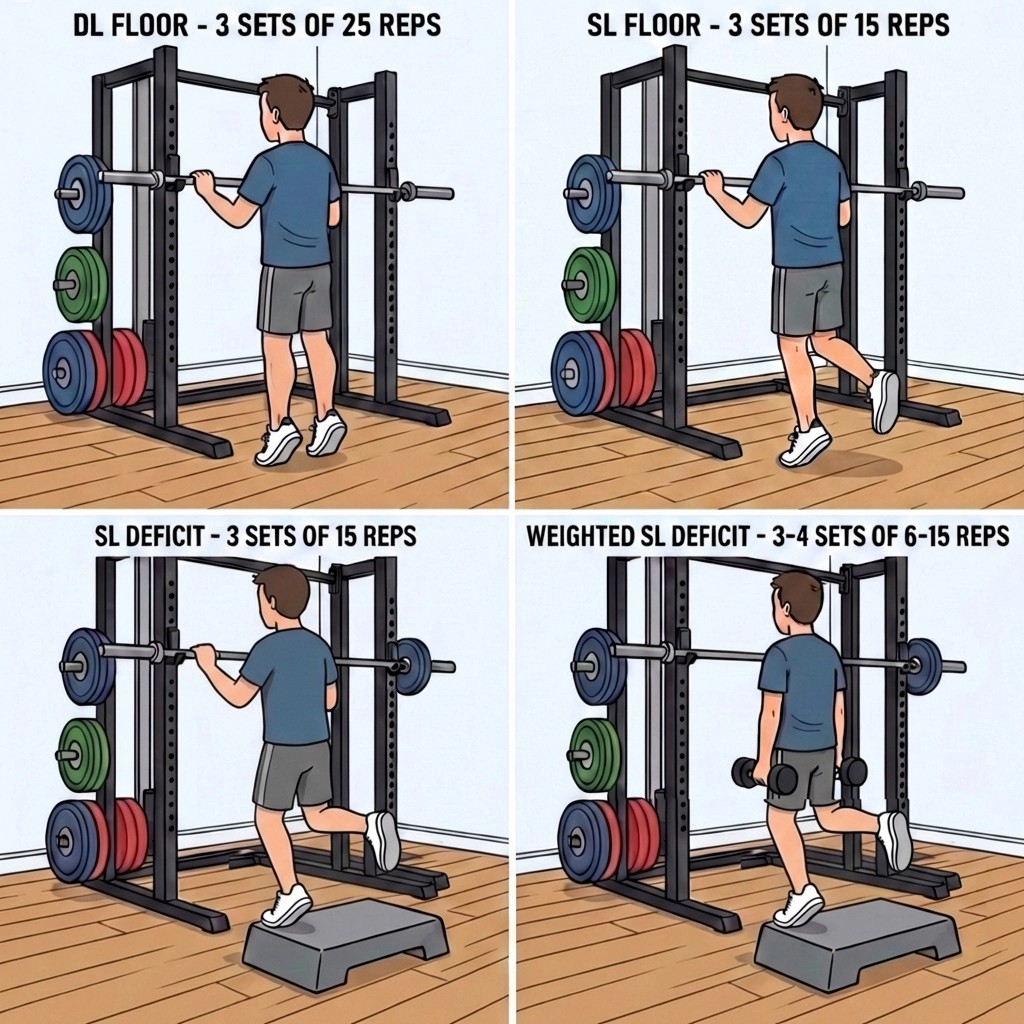 Four-panel progression of calf raises for Achilles rehabilitation: double-leg floor raises, single-leg floor raises, single-leg deficit raises, and weighted single-leg deficit raises.