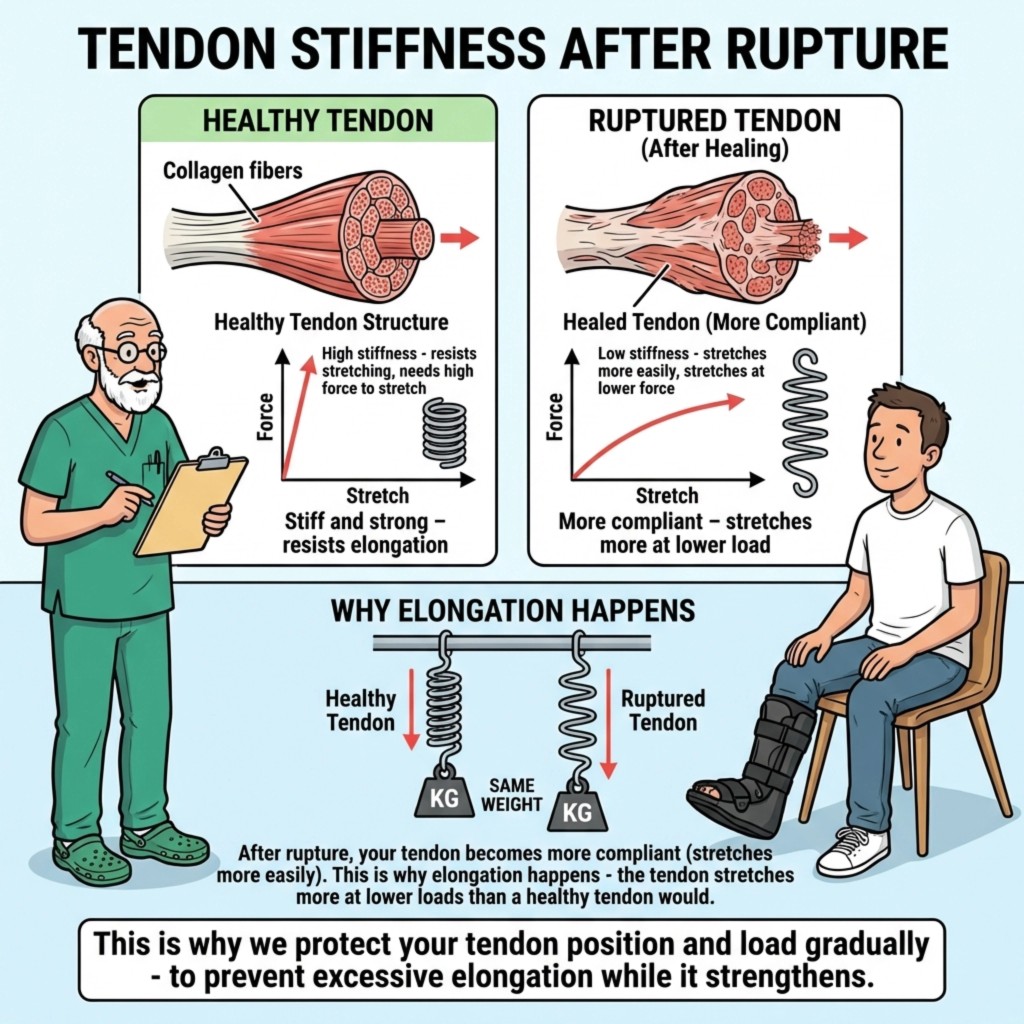 Infographic titled Tendon Stiffness After Rupture comparing healthy stiff tendon vs more compliant healed tendon with force-stretch graphs and spring analogy; explains gradual load and position protect against excessive elongation.