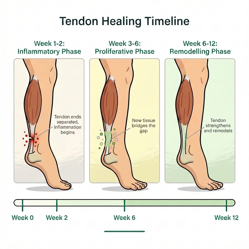Infographic titled Tendon Healing Timeline showing three phases of Achilles recovery: inflammatory (weeks 1–2), proliferative bridge tissue (weeks 3–6), and remodelling (weeks 6–12+) with a week 0–12 timeline