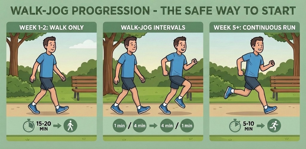 Three-panel infographic showing walk-jog progression after Achilles rupture: week 1-2 walk only, walk-jog intervals, and week 5+ short continuous running.
