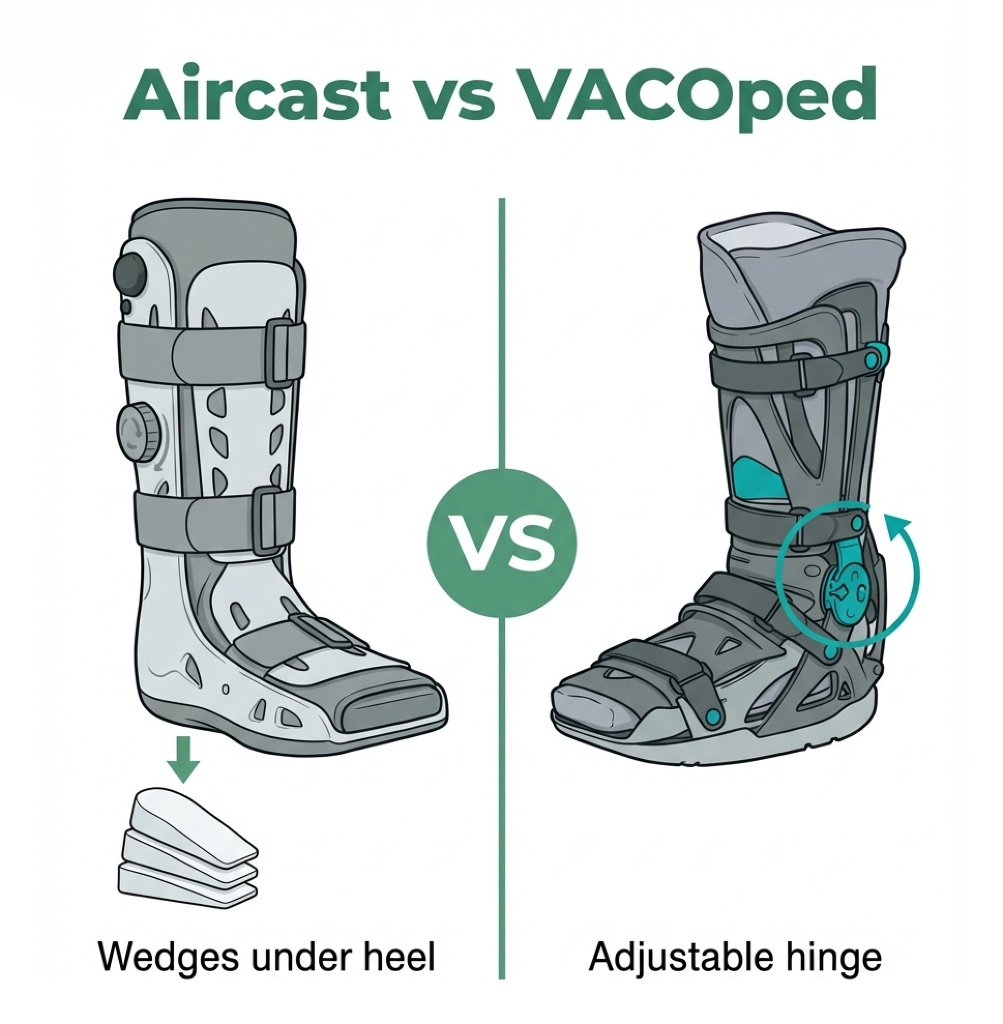 Side-by-side comparison of the Aircast walking boot with heel wedges and the VACOped boot with adjustable hinge
