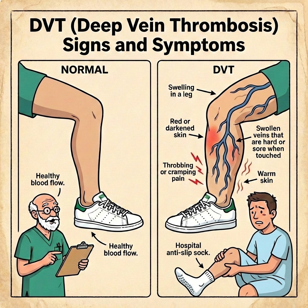 Illustration comparing a normal leg and a leg with DVT signs after Achilles rupture, including swelling, pain, warmth, and visible veins