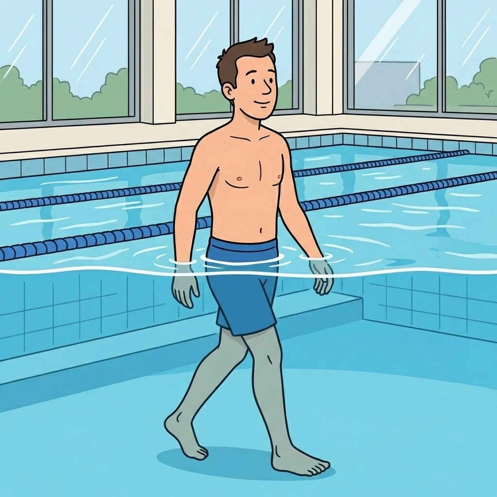 Illustration of a man walking in a swimming pool during Achilles rupture rehabilitation, showing low-impact cardiovascular exercise.