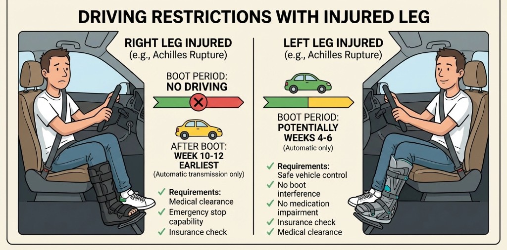 Infographic titled driving restrictions with injured leg: right-leg injury shows no driving in boot and earliest automatic driving week 10–12 when cleared; left-leg injury shows possible weeks 4–6 for automatic in selected cases with checklist.