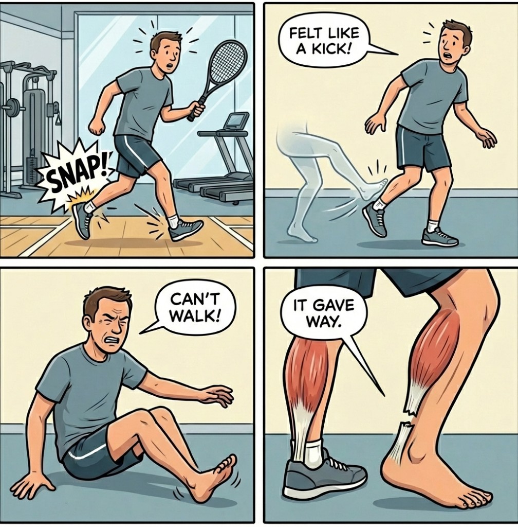 Four-panel illustration showing the moment of Achilles rupture, feeling kicked in the heel, inability to walk, and tendon ends needing protection