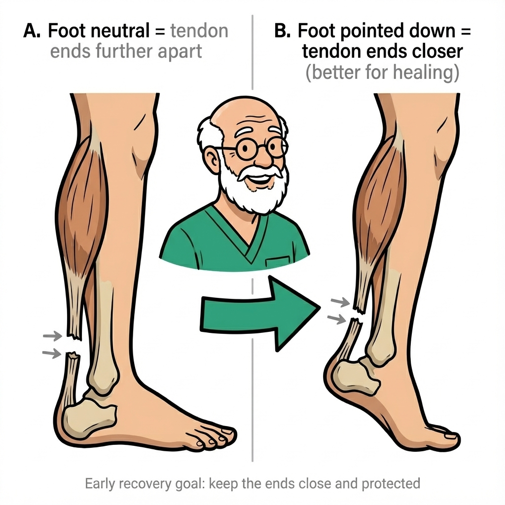 Diagram comparing neutral foot versus toes-down position after Achilles rupture: neutral shows a larger gap between torn tendon ends; plantarflexion brings the ends closer for healing
