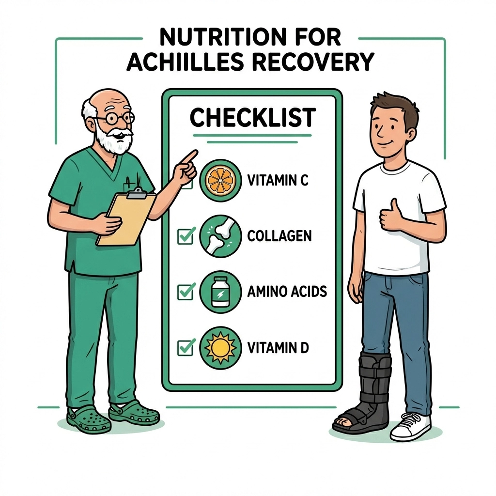 Cartoon infographic titled Nutrition for Achilles Recovery: checklist with Vitamin C, Collagen, Amino acids, and Vitamin D with checkmarks beside doctor and patient in walking boot.