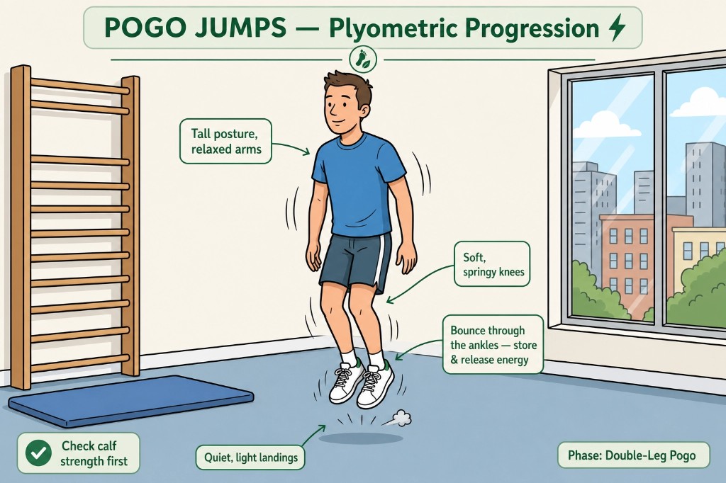 Illustration of double-leg pogo jumps during plyometric progression after Achilles rupture, with cues for tall posture, soft knees, quiet landings, and ankle bounce.