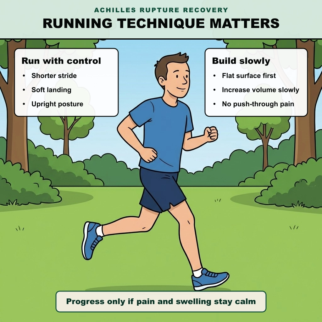 Infographic showing a runner with advice for return to running after Achilles rupture: shorter stride, soft landing, upright posture, gradual volume, and flat surfaces first.