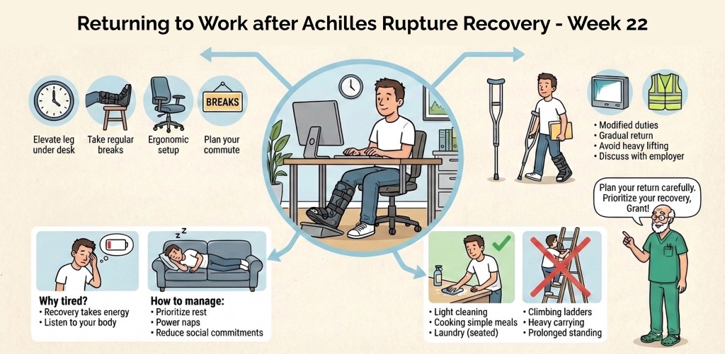 Infographic about returning to work after Achilles rupture recovery, showing desk setup, leg elevation, breaks, commuting, fatigue, and modified duties.