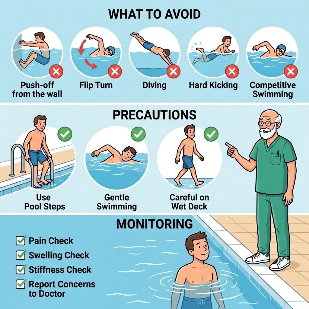 Infographic showing what to avoid when swimming after Achilles rupture, including wall push-offs, flip turns, diving, hard kicking, and competitive intensity.