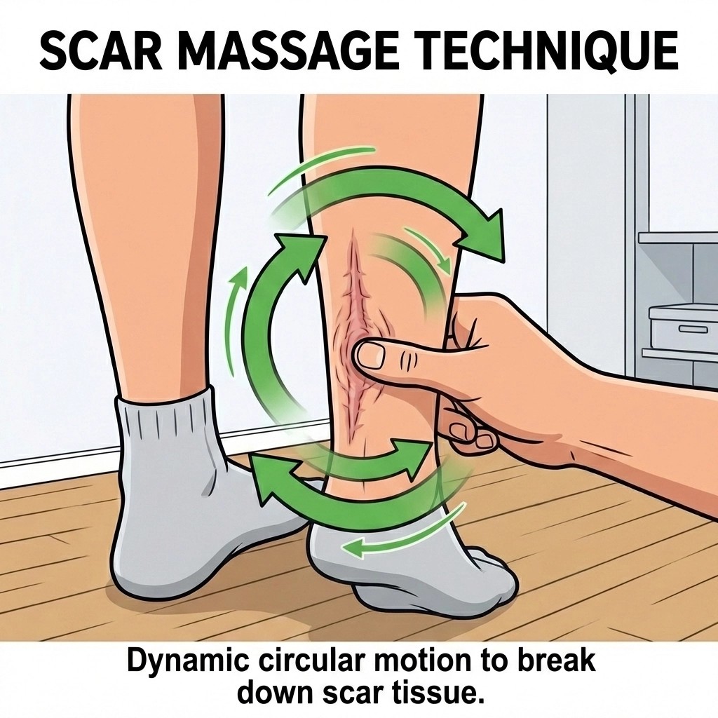 Illustration of Achilles surgery scar massage using gentle circular movements around a healed incision
