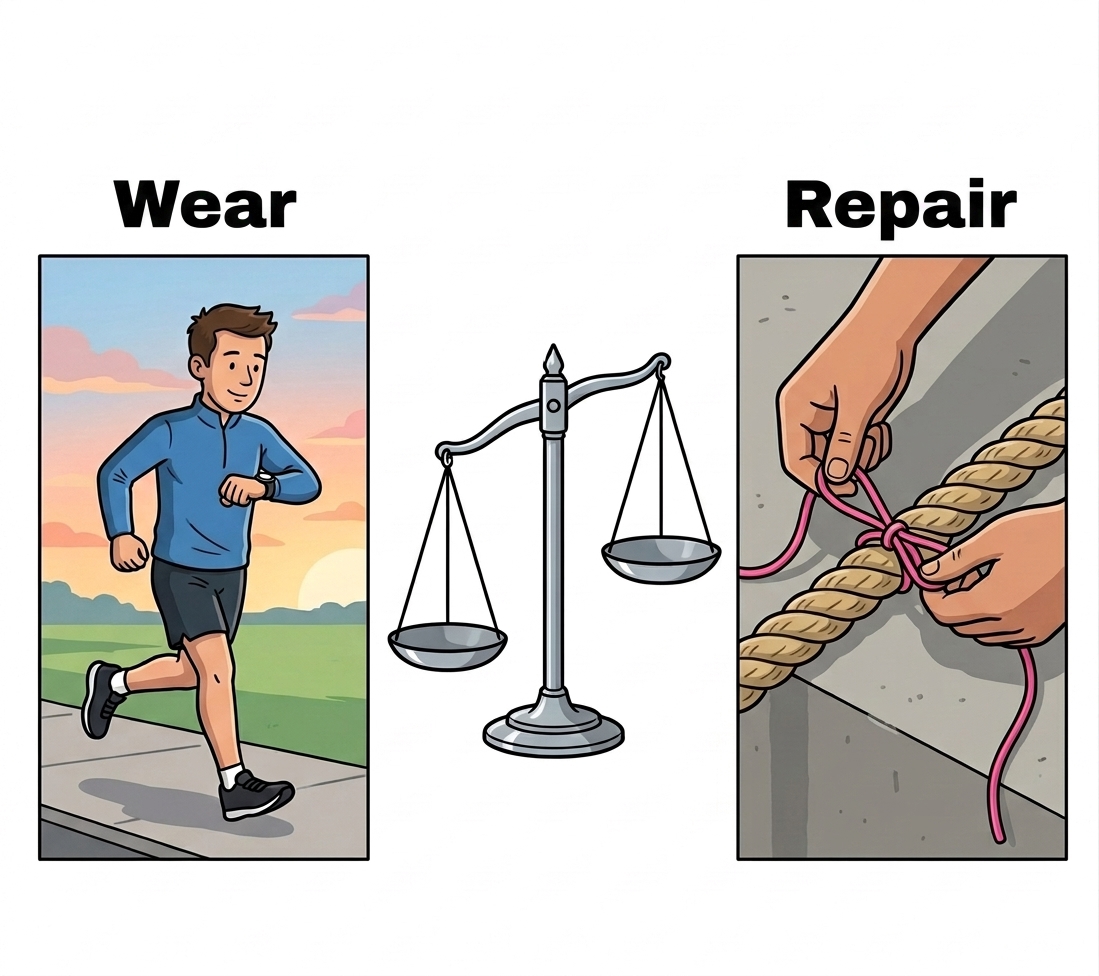 Balance scale analogy showing activity load and tissue repair in equilibrium.