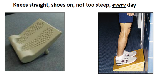 Slant board checklist image: trainers on, knees straight, low gradient, every day.